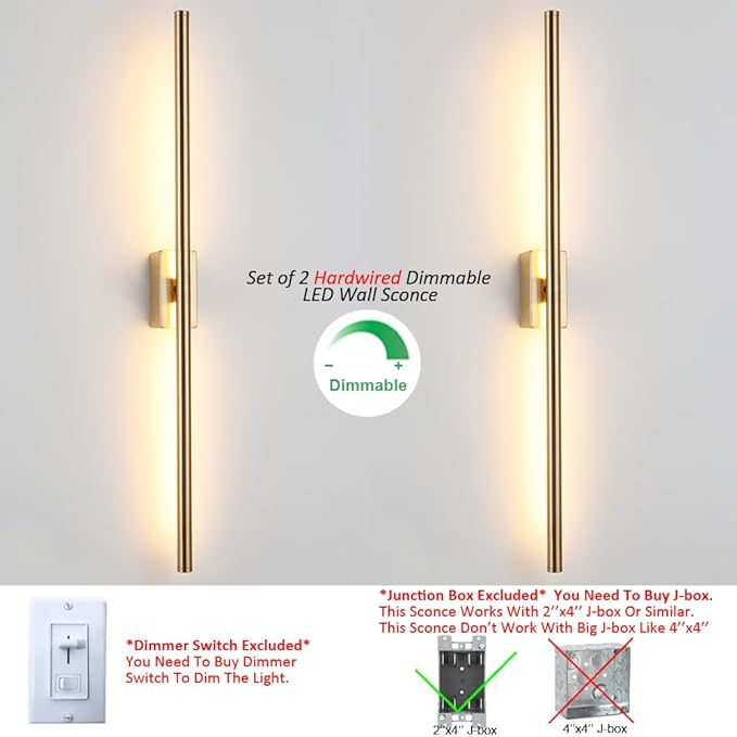 Only Suitable for Small Junction Box Set of 2 Dimmable Hardwired Linear Gold LED Wall Lamp 1-Gang Long 40 Inch Vanity Wall Sconce for Living Room Bedroom Bathroom Mirror (2 Pack, 40'', Gold, Dimmable)