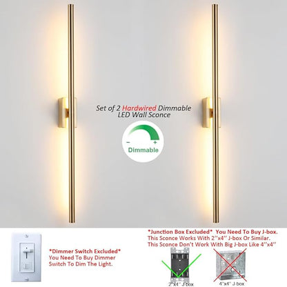 Only Suitable for Small Junction Box Set of 2 Dimmable Hardwired Linear Gold LED Wall Lamp 1-Gang Long 40 Inch Vanity Wall Sconce for Living Room Bedroom Bathroom Mirror (2 Pack, 40'', Gold, Dimmable)