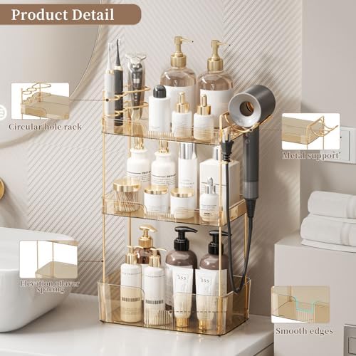 Akinbas 3 Tier Bathroom Organizer Countertop Makeup Perfume Tray Skincare Organizer Comes with Hair Dryer Rack and Toothbrush Holder for Bathroom Dresser Vanity (Gold)