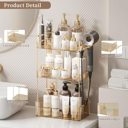 Akinbas 3 Tier Bathroom Organizer Countertop Makeup Perfume Tray Skincare Organizer Comes with Hair Dryer Rack and Toothbrush Holder for Bathroom Dresser Vanity (Gold)
