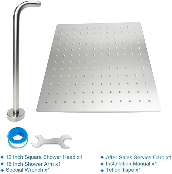 NearMoon Square Rain Shower Head With Extension Arm, Large Stainless Steel Rainfall Shower-Waterfall Full Body Coverage (12 Inch, Nickel)