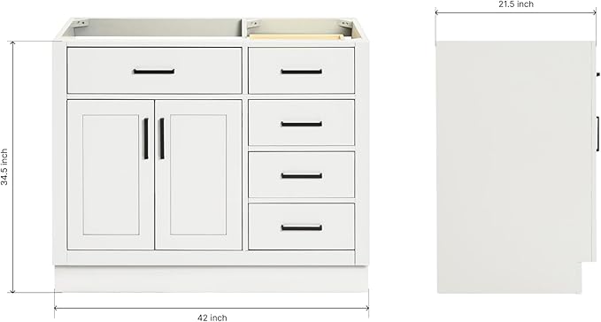 ARIEL Hepburn 42-inch Bathroom Vanity Base Cabinet,Solid Wood, 2 Soft Closing Doors, 5 Dovetail Drawers, White