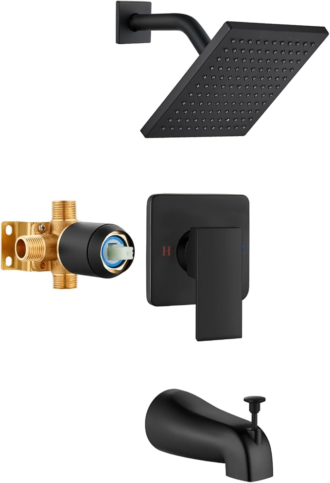 Heyalan 8 Inch Shower Faucet Set with Tub Spout and Valve,Matte Black | 8-inch square rainfall head, tub spout with diverter, male-thread rough-in valve, single-handle control and wall-mount design