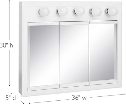 Design House Concord Medicine Cabinet, 3 Mirrored Doors, Pre-Assembled, Surface Mount, 5 Lights, White Wood Frame Wall Cabinet, 36 in W x 5 in D x 30 in H, 532390-WHT