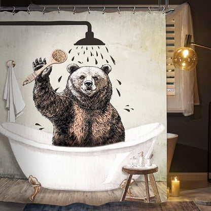 Funny Bear Shower Curtain 60Wx72L Inch Farmhouse Rustic Vintage Wild Cute Animal Kids Antique Bathroom Set Accessories Decor with 12 Pack Hooks