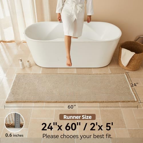 Triohero Waffle Runner Rug Bathroom, Long Boho Bath Mat 24x60 Khaki & White