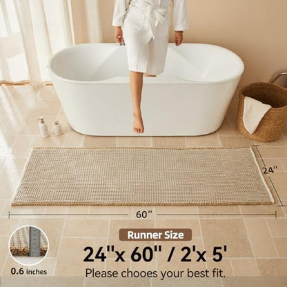 Triohero Waffle Runner Rug Bathroom, Long Boho Bath Mat 24x60 Khaki & White