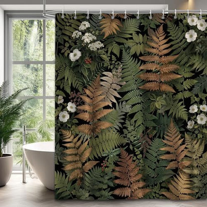 Botanical Fern Shower Curtain 72x72 Inch, Dark Green Nature Leaf Bathroom Curtain with Gold Fern Pattern Waterproof Fabric Bath Curtain Set with 12 Hooks for Home Decor