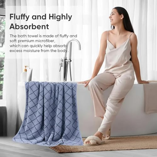 2 Pack Diamond Grid Jacquard Microfiber Bath Towels, 27 x 55 Inches Large Quick Dry Absorbent Shower Towel Set, Soft Lightweight Decorative Linen for Bathroom Spa Gym Beach Travel