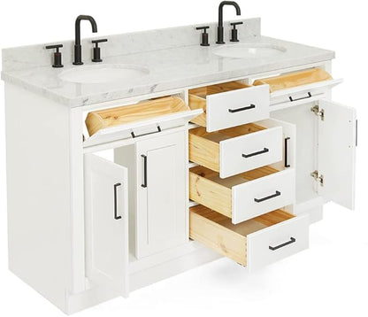 ARIEL Hepburn 60-inch Bathroom Vanity with Sink,Solid Wood, 1.5-inch Italian Carrara Marble Countertop & Backsplash, Double Oval Porcelain Sink, 4 Soft Closing Doors, 6 Dovetail Drawers, White