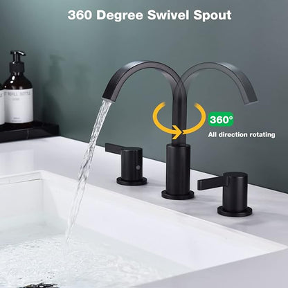 TRUSTMI 3 Hole Matte Black Bathroom Faucet 8 Inch Widespread, Brass Lavatory Vanity Sink Faucet with Overflow Pop-Up Drain and cUPC Waterlines, 360 Degree Swivel Spout