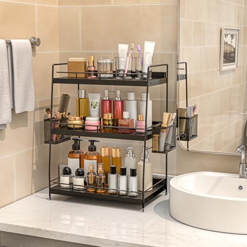 3 Tier Bathroom Counter Organizer with Side Baskets, Wooden Vanity Shelf