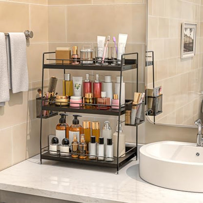 3 Tier Bathroom Counter Organizer with Side Baskets, Wooden Vanity Shelf