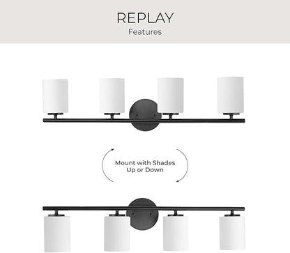 Replay Collection 4-Light Etched Glass Modern Bath Vanity Light Textured Black