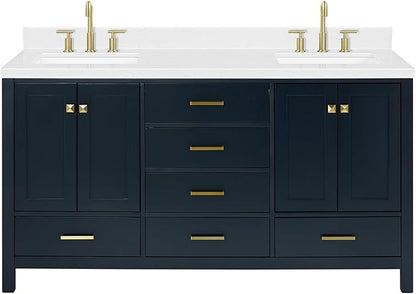 ARIEL Cambridge 66-inch Bathroom Vanity with Sink,Solid Wood, 1.5-inch Carrara White Quartz Countertop, Double Rectangular Porcelain Sink, 4 Soft Closing Doors, 6 Dovetail Drawers, Midnight Blue