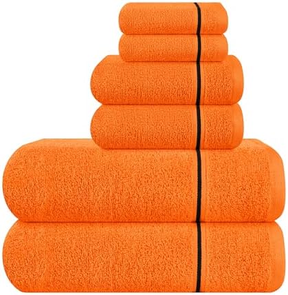 MyOwn Ultra Soft 6 Pack Cotton Towel Set, Contains 2 Bath Towels 28x55 inch, 2 Hand Towels 16x24 inch & 2 Wash Coths 12x12 inch, Ideal Everyday use, Compact & Lightweight - Orange