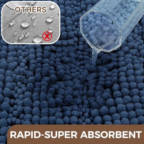Bcoimo Bath Rug Mat Set, 2 Piece Thick Absorbent Chenille Bathroom Mat Navy