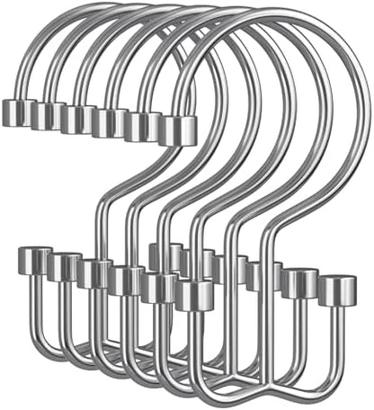 Amazer Chrome Shower Curtain Hooks, 12PCS Minimalist Simple Double Shower Curtain Rings, Rust-Resistant Metal Shower Hooks, Cylinders Shower Rings for Bathroom Shower Rods Curtains