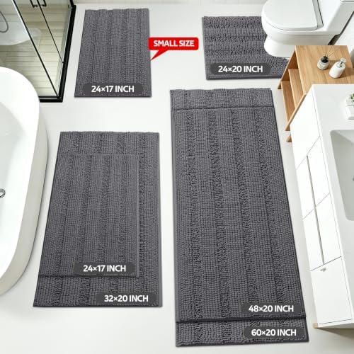 Striped Grey Toilet Bathroom Rug Mat Bath Mat Set 2 piece Ultra Soft, Non Slip Chenille Bath Rugs, Absorbent Plush Shaggy Bath Mats for Bathroom, Bedroom, Kitchen, Shower, Tub,Dark Gray, Charcoal