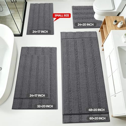 ACCUMTEK Striped Grey Bathroom Rug Set 3 Pieces Gray Ultra Soft, Non Slip Chenille Toilet Mat, Absorbent Plush Shaggy Bath Mats for Bathroom, Bedroom, Kitchen, Charcoal