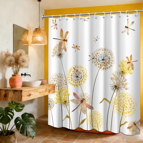 Yellow Dandelion Shower Curtain Spring Dragonfly Tan White Watercolor Shower Curtains for Bathroom Decor, Waterproof Cloth Fabric with Hooks 70" Wx72 L