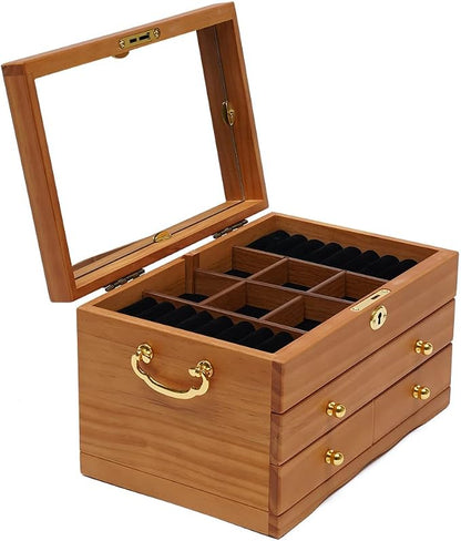 Extra Large 3 Layers Wooden Jewelry Box Jewelry Case Cabinet Armoire Ring Necklacel Gift Storage Box Organizer(3 Layers,W/mirror)