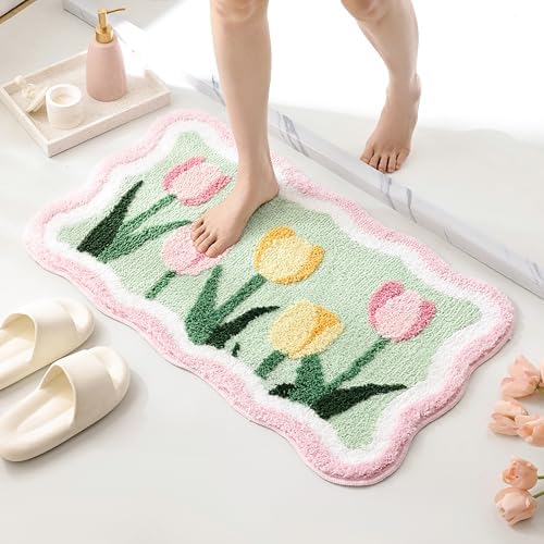TRUEDAYS Tulips Floral Bathroom Rug, Cute Bath Mat for Bathroom, 32”x20”