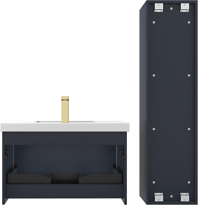 Blossom 30 Inch Bathroom Vanity with Sink and Side Cabinet, All Wood Floating Bathroom Vanity with Acrylic Sink, Bathroom Sink Cabinet with Soft-Close Drawer, Modern Style Vanities, Night Blue