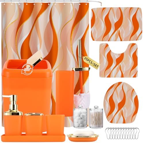 XLHOMO Bathroom Set - Orange and Gold Bathroom Accessories, Bathroom Sets with Shower Curtain and Rugs, Orange Shower Curtain Set with Bathroom Trash Can, Soap Dispenser, Soap Dish for Home Decor