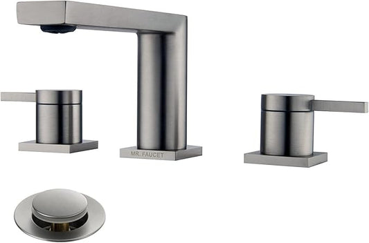 Luxury Brass Widespread Bathroom Sink Faucets for 3 Hole 2-Handle 8 Inch Deck Vanity Faucet & Stainless Steel Pop-up Drain Assembly, Brushed Nickel