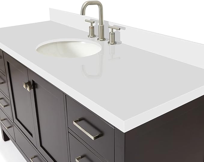 ARIEL Cambridge 60-inch Bathroom Vanity with Sink,Solid Wood, 1.5-inch Pure White Quartz Countertop & Backsplash, Single Oval Porcelain Sink, 2 Soft Closing Doors, 9 Dovetail Drawers, Espresso
