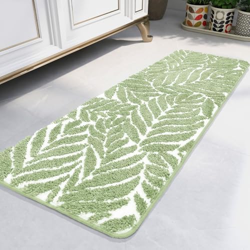 Sage Green Bathroom Rug Runner - Long Bath Mat for Bathroom Non Slip Bath Runner Decor Water Absorbent Long Rug for Sink Bathtub Leaf Bath Mat 18" x 47"