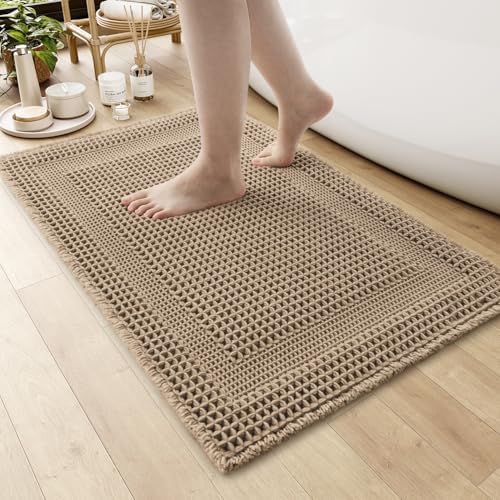 AMOAMI Waffle Bath Mat, Absorbent Bathroom Rugs Non Slip 18''x30'' Beige