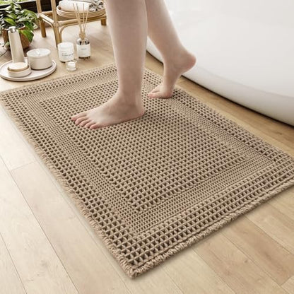 AMOAMI Waffle Bath Mat, Absorbent Bathroom Rugs Non Slip 17''x24'' Beige