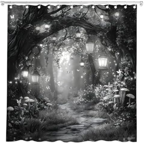Fantasy Forest Path Shower Curtain Grey Fairy Magical Enchanted Misty Jungle Mushroom Floral Tree Butterfly Lantern Wonderland Bath Curtain Fabric Bathroom Accessories Decor with Hooks 75W x70L