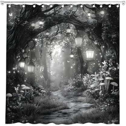 Fantasy Forest Path Shower Curtain Grey Fairy Magical Enchanted Misty Jungle Mushroom Floral Tree Butterfly Lantern Wonderland Bath Curtain Fabric Bathroom Accessories Decor with Hooks 55W x70L