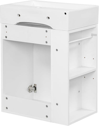 Harper & Bright Designs 20" Bathroom Vanity with Sink, Wall-Mounted Single Basin Vanity Set with Cabinet & Two-Tier Left Side Storage Shelf, Storage Cabinet with Ceramic Basin for Bathroom, White