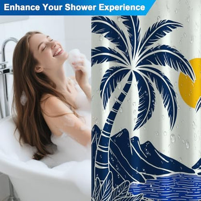 Tropical Bay Waterproof Shower Curtain with 12 Hooks, Navy Blue Palm Trees Shower Curtain Set for Bathroom, Metal Grommets & Weighted Bottom, Machine Washable Bath Curtain, 72x72 Inches