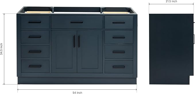 ARIEL Hepburn 54-inch Bathroom Vanity Base Cabinet,Solid Wood, 2 Soft Closing Doors, 9 Dovetail Drawers, Midnight Blue