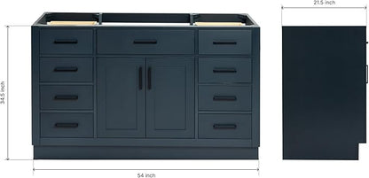 ARIEL Hepburn 54-inch Bathroom Vanity Base Cabinet,Solid Wood, 2 Soft Closing Doors, 9 Dovetail Drawers, Midnight Blue