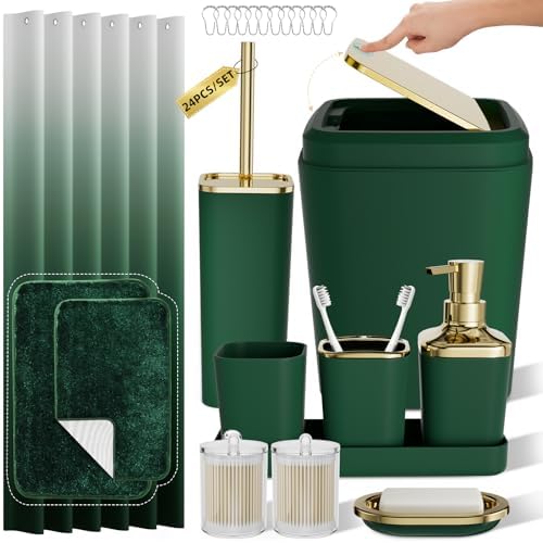 XLHOMO Bathroom Accessory Set - 24PCS Luxury Bathroom Accessories Set, Bathroom Sets with Shower Curtain and Rugs, Green Bathroom Set with Trash Can, Toothbrush Holder & Soap Dispenser for Home Decor