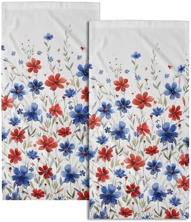 Red Blue Flowers Hand Towels Set of 2-4th of July Colorful America Floral Face Towel 28x14 Inch Soft Absorbent Microfiber Independence Day Decor for Kitchen Bathroom Gym Home
