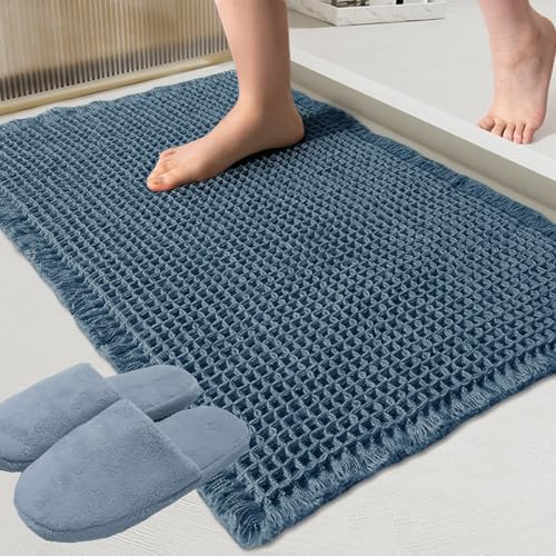 ZALL Blue Waffle Bath Mat,Super Absorbent Non Slip Bathroom Rug, 24x36inch, Machine Washable Ultra Soft Floor Mats