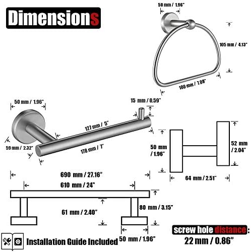 JQK Bathroom Hardware Set Gold, 5-Piece Bath Accessories Set Brushed Gold Wall Mount includes 24 in Towel Bar, 7 in Towel Ring, Toilet Paper Holder, 2 Towel Hooks, BAS165-BG