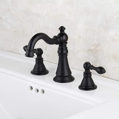 Two Handle Bathroom Sink Faucet Matte Black 3 Hole with Pop up Drain,High Arc Lavatory 8 Inch Widespread Bathroom Faucet,F-8805P-MT