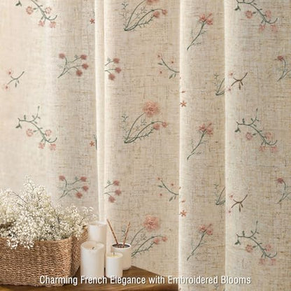 Floral Farmhouse Vintage Linen Shower Curtain Embroidered Textured 72Wx78H