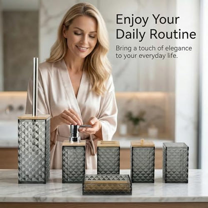 Grey Bathroom Accessory Set, 6 PCS Grey Bathroom Accessories Set, Soap Dispenser, Toothbrush Holder, Soap Dish, Mouthwash Cup, Cotton Swab Holder and Toilet Brush, Acrylic