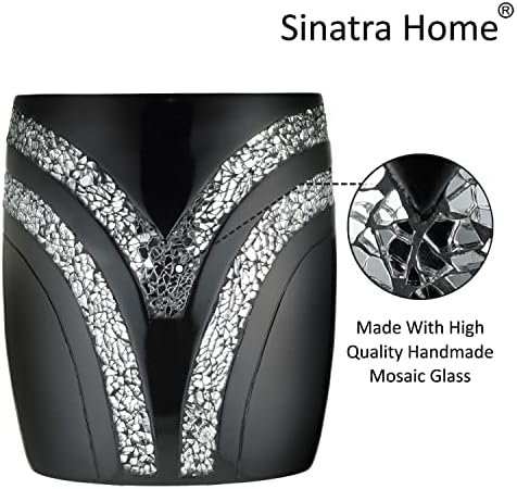 Zahari Home 2pc Sinatra Black Modern Bath Accessories Set Waste Basket & Tissue Box Modern Decorative Beautiful Designs Bathroom Decor Set for Home Luxury Bath Set Mosaic Glass