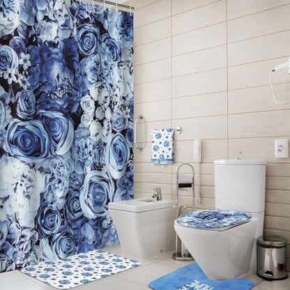 Honoson 8 Pcs Blue Floral Shower Curtain Bathroom Set with Rugs