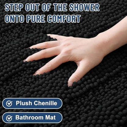 Grandaily Chenille Striped Bathroom Rugs 30x20, Extra Thick and Soft Absorbent Bath Mats, Rubber Backing, Plush Shaggy Shower Carpet, Machine Wash Dry, Bath Rug for Bathroom, Deep Black